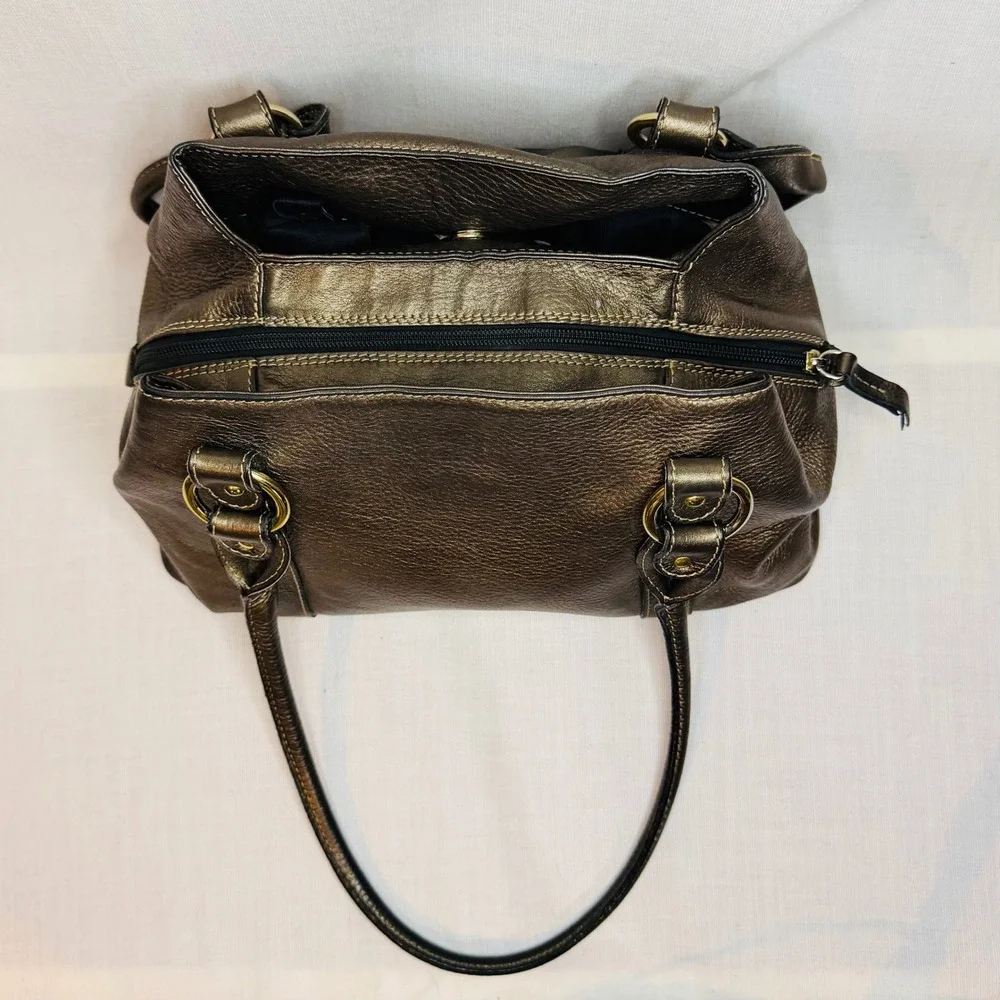 Metallic Bronze Pebbled Leather Shoulder Bag Satchel Gold Hardware Triple Pocket